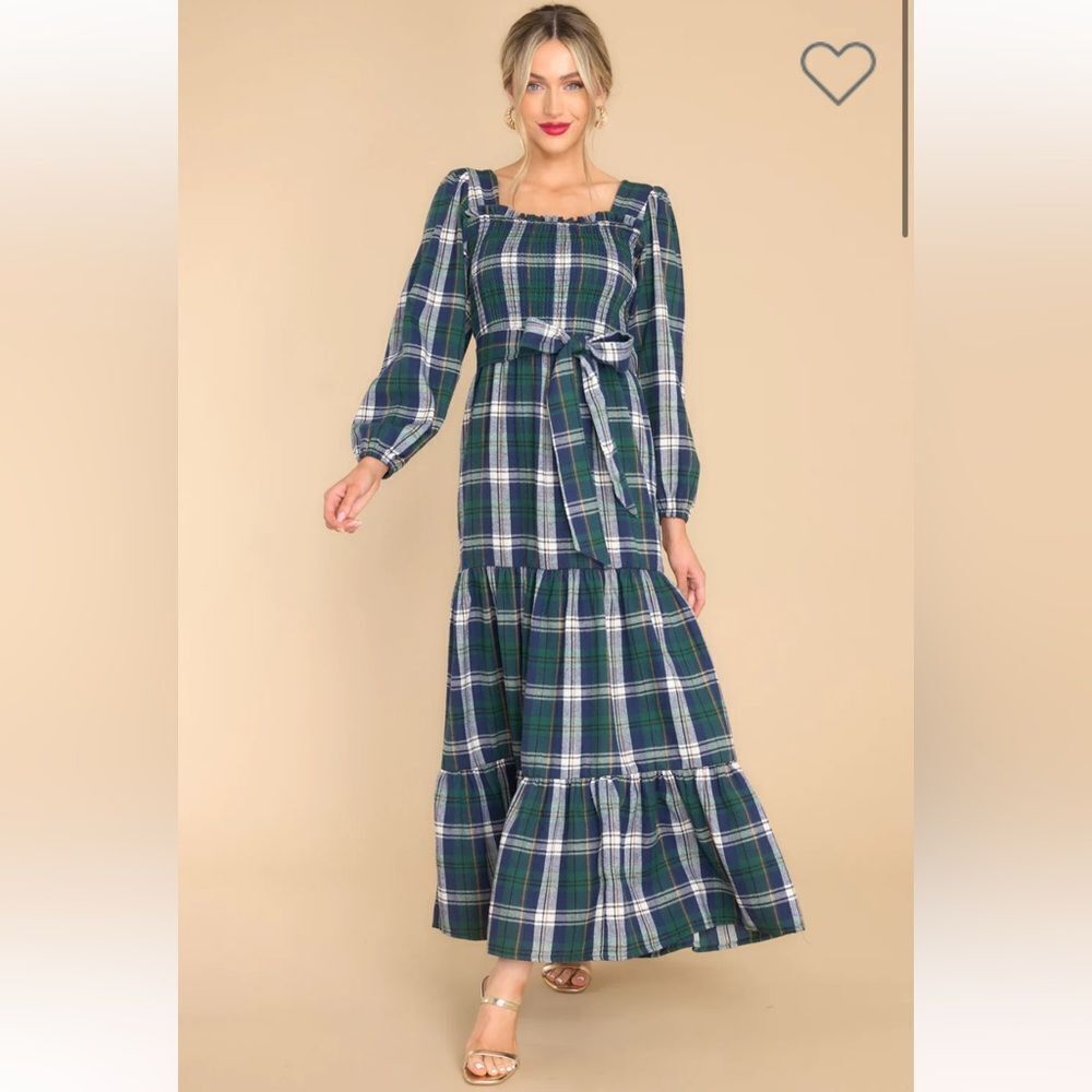 Aura Sweet Sentiments Forest Green Plaid Maxi Dress Tie Smocked M NWOT